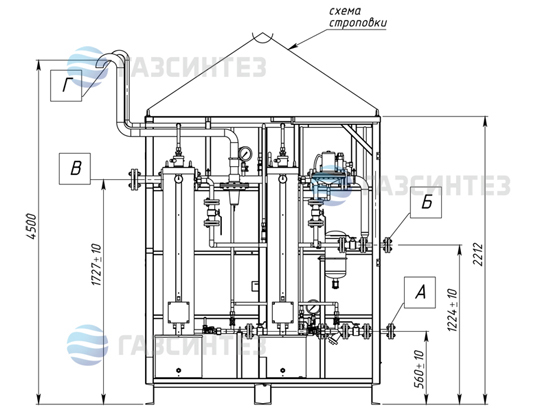Габариты и трубопроводная обвязка электрической испарительной установки СИНТЭК производительностью 450 кг/ч